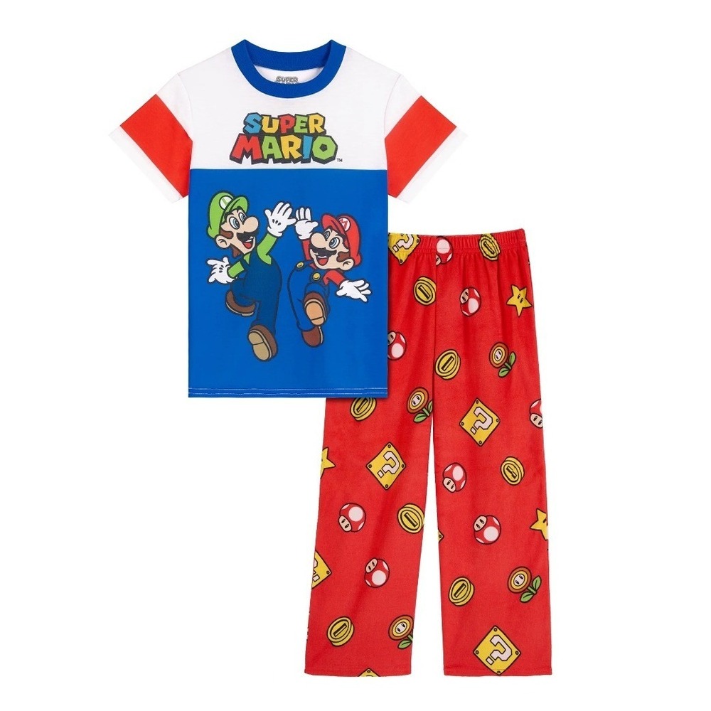 NWT Super Mario Boys Pajama Set Large 10-12 T Shirt Pants Mario Luigi